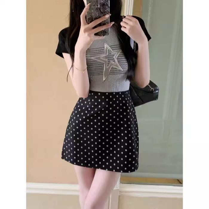 

Юбка-мини А-силуэта с высокой талией в горошек в корейском стиле для женщин - Лето 2025 S