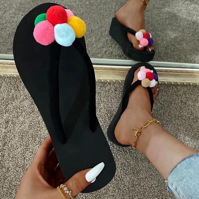 

Fashion Colorful Flower Decor Beach Flip Flops for Women Summer Soft Bottom Clip Toe Thong Slippers Woman Comfort Non Slip Slides Mujer 42 чёрный