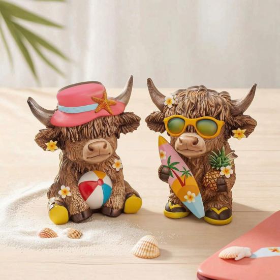 2 Piezas Figuras de Vaca de las Tierras Altas de Verano Estatua de Madera de Playa Costera Escocesa para Decoración de Mesa de Bandeja Escalonada para el Hogar Cocina