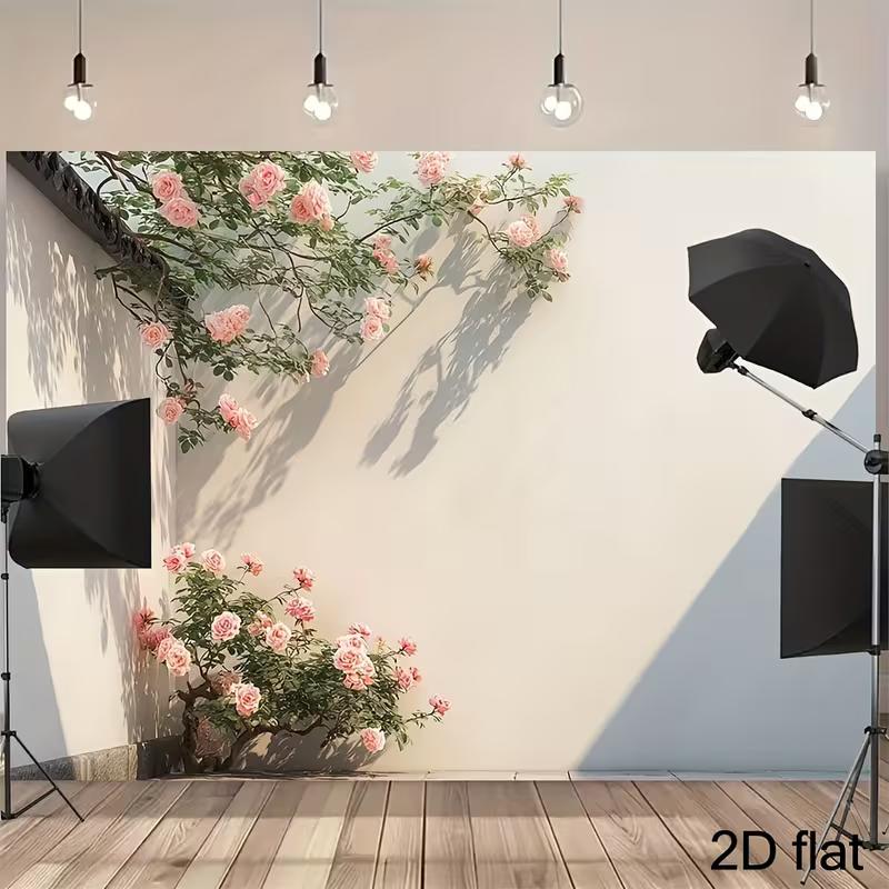 

2D Elegant Rose Wall Photography Backdrop, Soft Pink Climbing Roses on Light Beige Wall 47.2x31.5inch/120*80cm