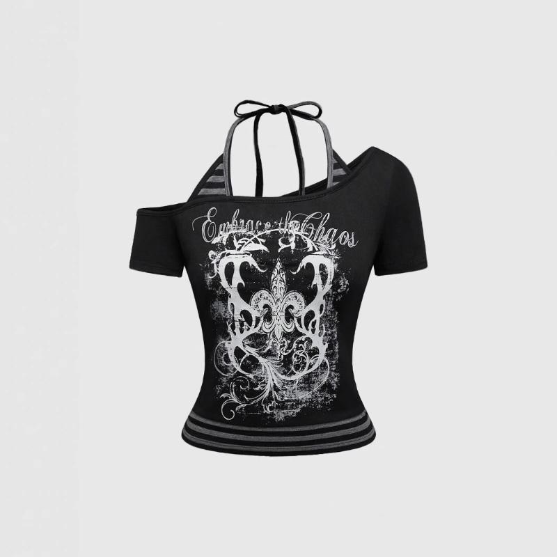 

European and American Y2K summer letter printed sloping shoulder sexy top L
