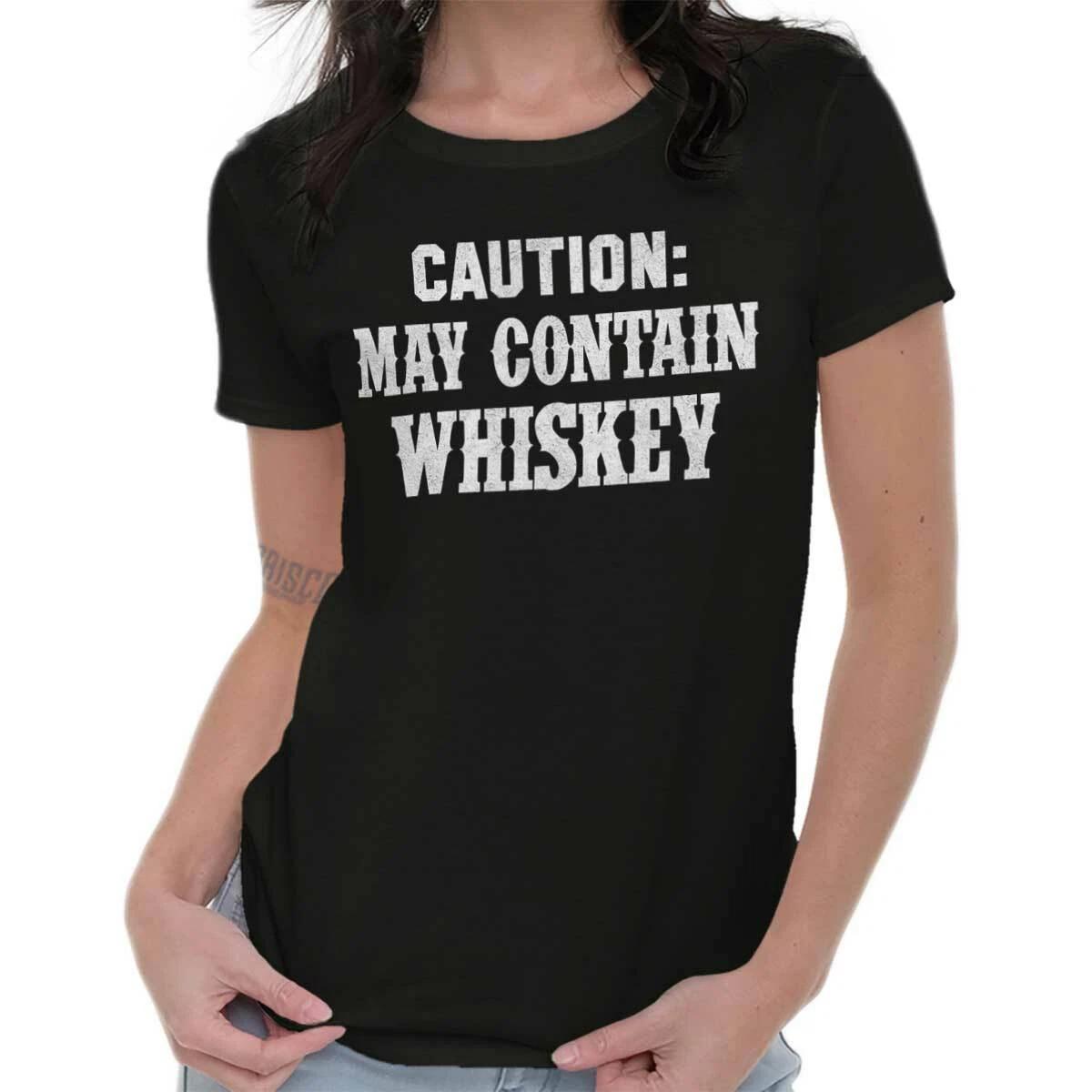 Funny Drinking Caution May Contain Whiskey Womens Top Junior Graphic Tee XXXL