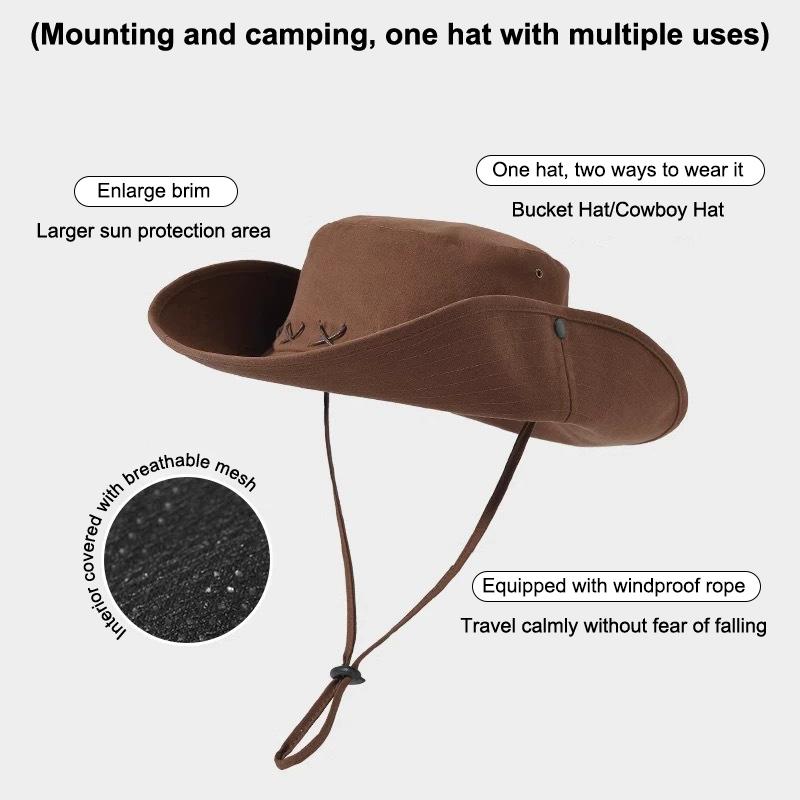 Breathable Western Cowboy Hat Solid Color Adjustable Wide Brim Sun Hat Outdoor Mountaineering Fisherman Sunshade Cap Travel 1PC