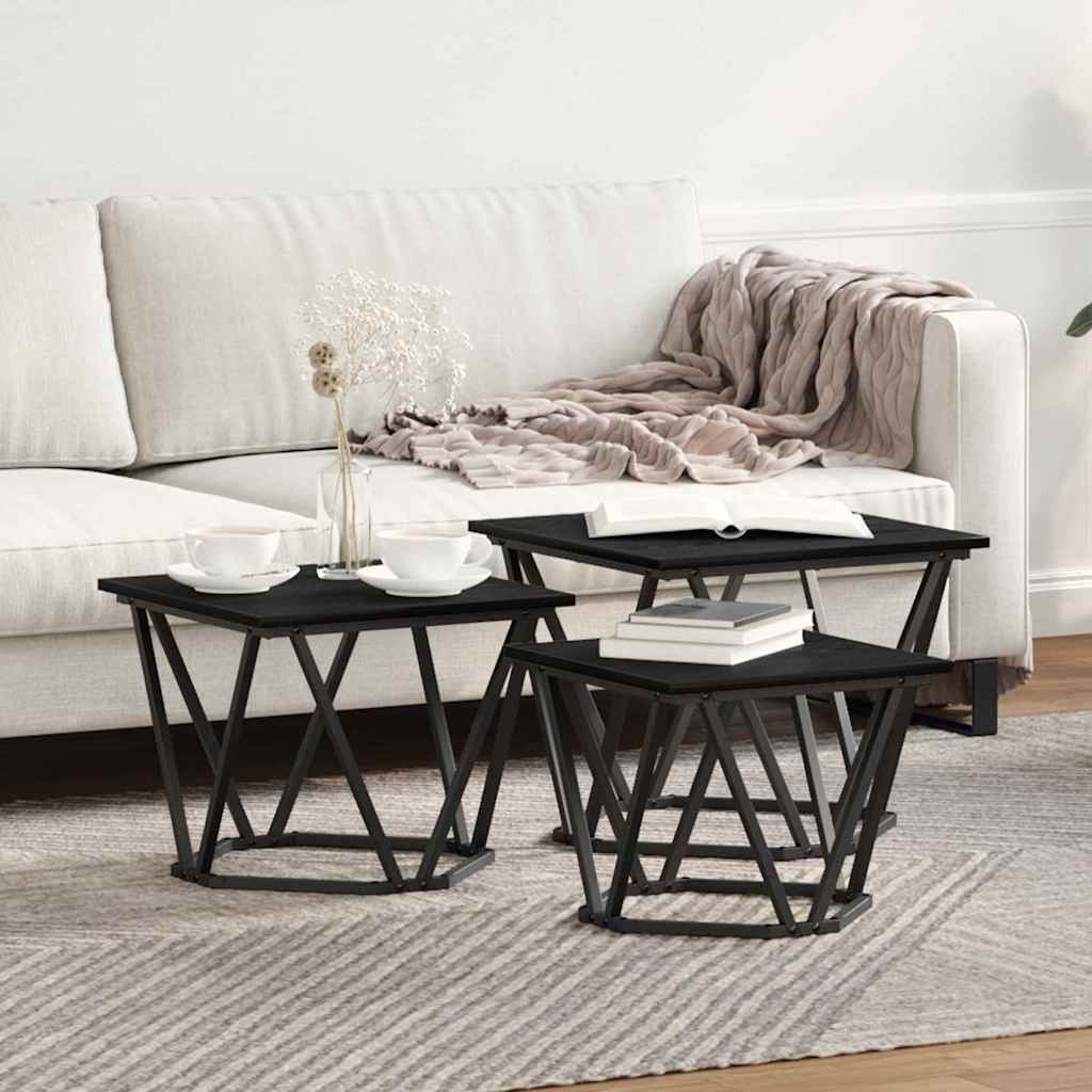 Coffee Table Set 3 Pcs Black Oak Look Engineered Wood and Steel
