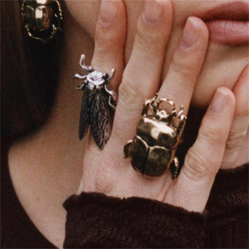 Vintage Opening Insect Ring for Men Women Exaggerated Big Animal Beetle Cicada Adjustable Finger Ring Punk Hip-hop Daily Jewelry