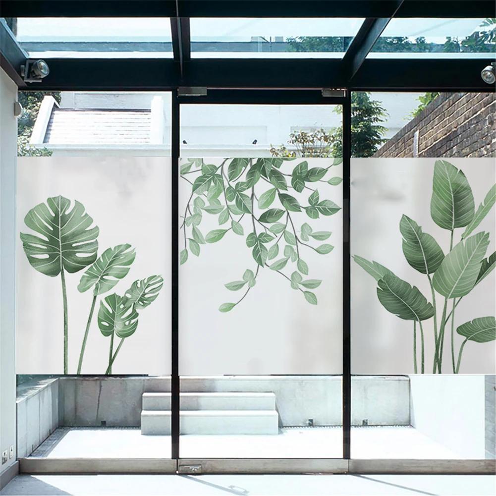 Window Film Privacy Green Leaves Frosted Glass Sticker Heat Insulation and Anti UV Blocking Self Adhesive sticker for Home