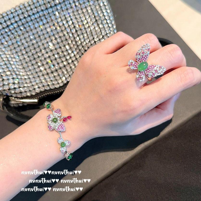 Chalcedony Rouge Ruby Butterfly Bracelet, Antique, 18K Gold Plated, Lady Zircon Butterfly Necklace