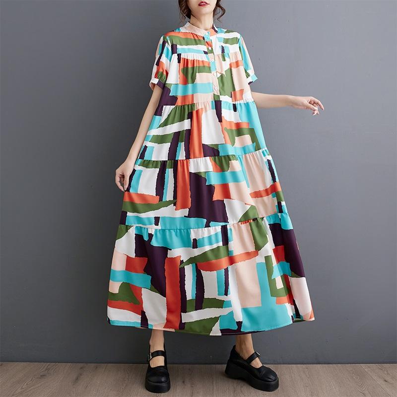 Krátký rukáv Nadměrná velikost vintage květinová novinka v šatech pro ženy ležérní volné dlouhé letní šaty