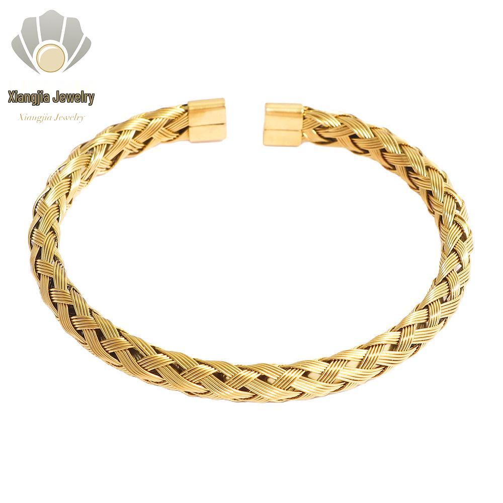 European & American Luxury Woven Titanium Steel Bangle with Gold Electroplating - Simple Fashion Open Design