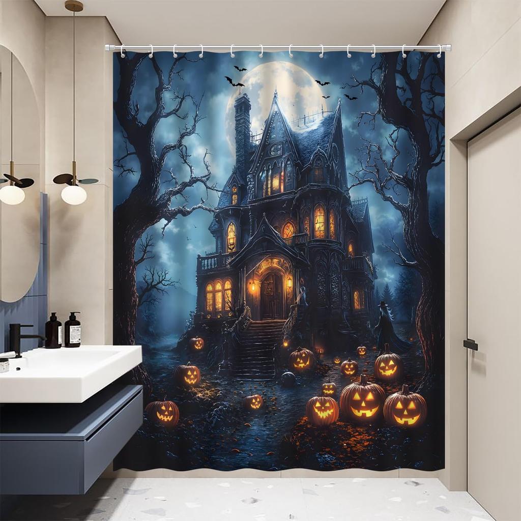 Spooky Castle Halloween Shower Curtain Gothic Haunted House Pumpkin Crow Bat Dead Tree Full Moon Forest Night Halloween Bathroom