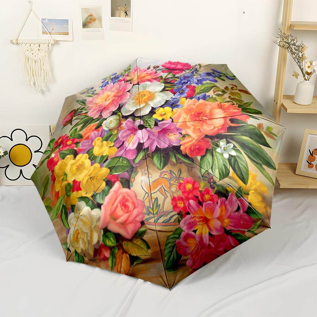 Floral Still Life Bouquet Portable Automatic Umbrella Compact 8-Rib Design Durable Plastic & Iron Durable Everyday Carry Umbrella Elegant Umbrella