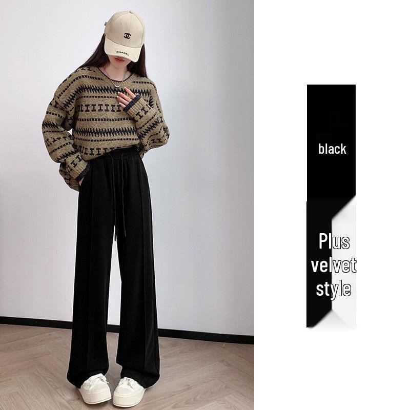 Vlněné kalhoty s vysokým pasem a širokými nohavicemi pro ženy - Plyšové, silné a ležérní na jaro, podzim a zimu