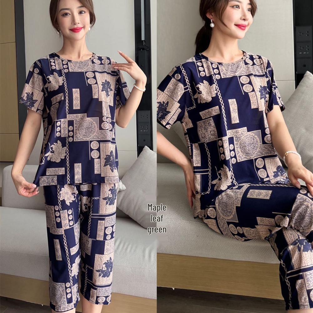 

Женский пижамный комплект большого размера из ледяного шелка с цветными блоками - Осенний свободный крой 4XL (135-150 jin)