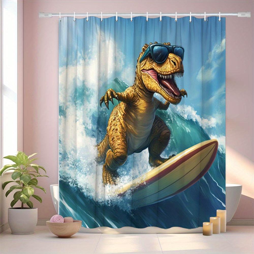 Cool Dinosaur Surfing With Sunglasses Shower Curtain Machine Washable All Season Waterproof Privacy Protection Hooks Included