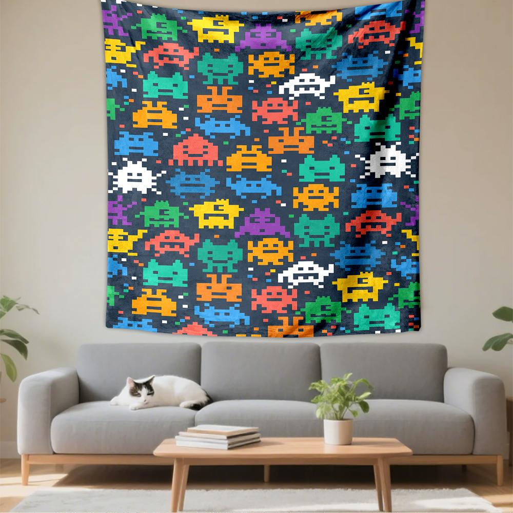 "Pixel Space Invaders Colorful Alien Pattern Patterned - Patterned tapestry for bedroom and living room home decor."