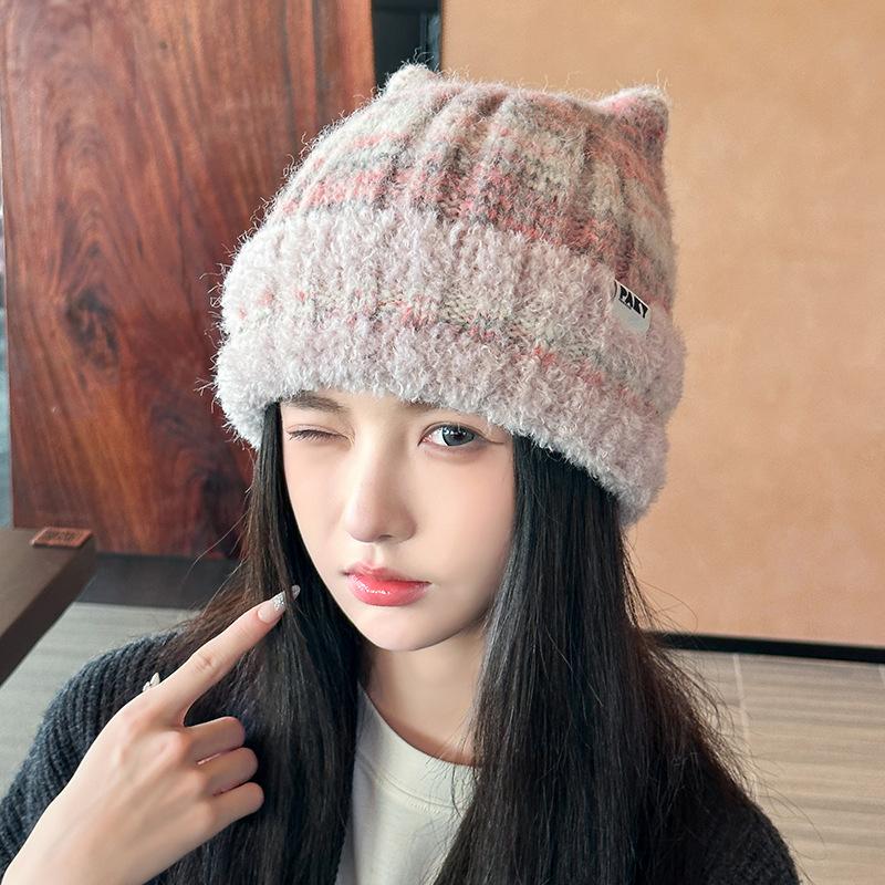 Striped Plush Beanie Women's Autumn and Winter Commuting Versatile Warm Ear Protection Hoodie Big Head Circumference Show Face Small Knitted Hat