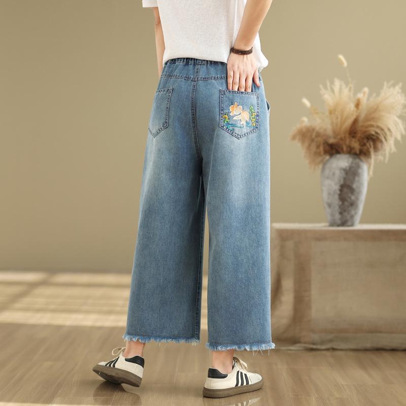 Artistic Retro Heavy Industry Embroidered Denim Wide Leg Pants Spring Summer Women's Loose Waist Casual Nine Fen Jeans