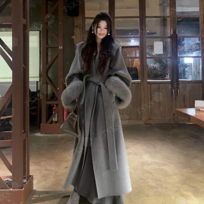 2025 Herbst/Winter Koreanischer Wollmantel mit Pelzärmeln - Hochwertiger Langer Mantel für zierliche Personen