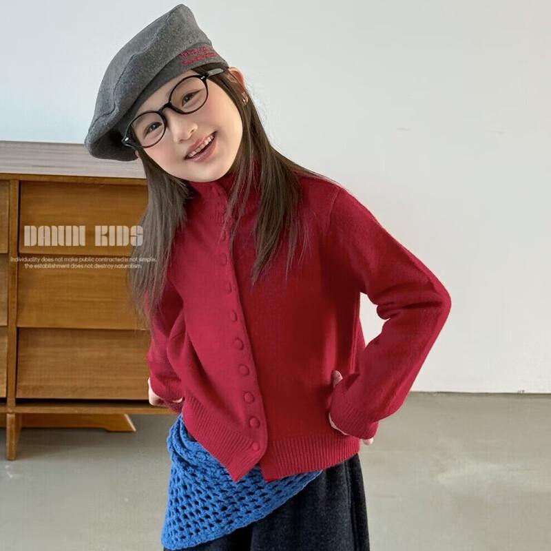 Girls  Bright Red Merino Wool Blend Stand Collar Cardigan 120