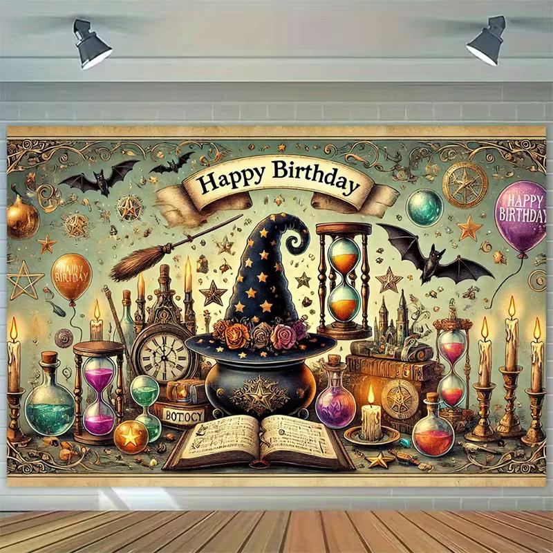 

2D Vintage Magic Potion Happy Birthday Tapestry Backdrop for Party 47.2x31.5inch/120*80cm