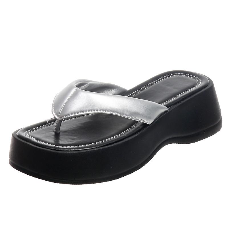 Wedge heel slippers women's summer new simple toe flip-flops shoes muffin thick-soled casual cool slippers