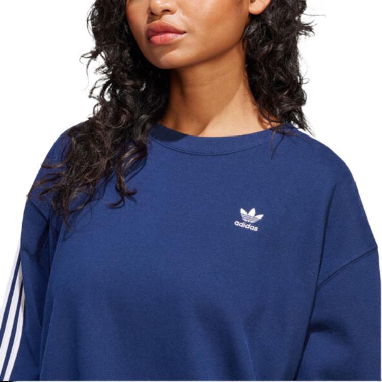 Adidas Originals FW24 Classic Sports Collection Loose Fit Striped Crewneck Sweatshirt Women Sweatshirt Deep-Indigo JD0892
