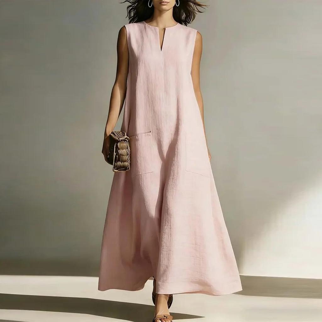 Sleeveless Long Maxi Dress for Women with Pocket Casual Loose Fit Crew Neck Summer Lightweight Sundress