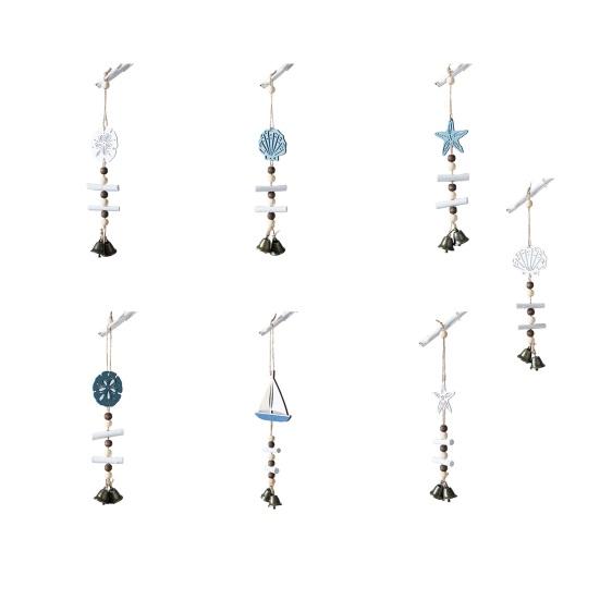 Beach Ocean Starfish Hanging Decoration with Bell Farmhouse Rustic Wooden Sailboat Shell Ornament Summer Nautical Coastal Wind Chime Pendant