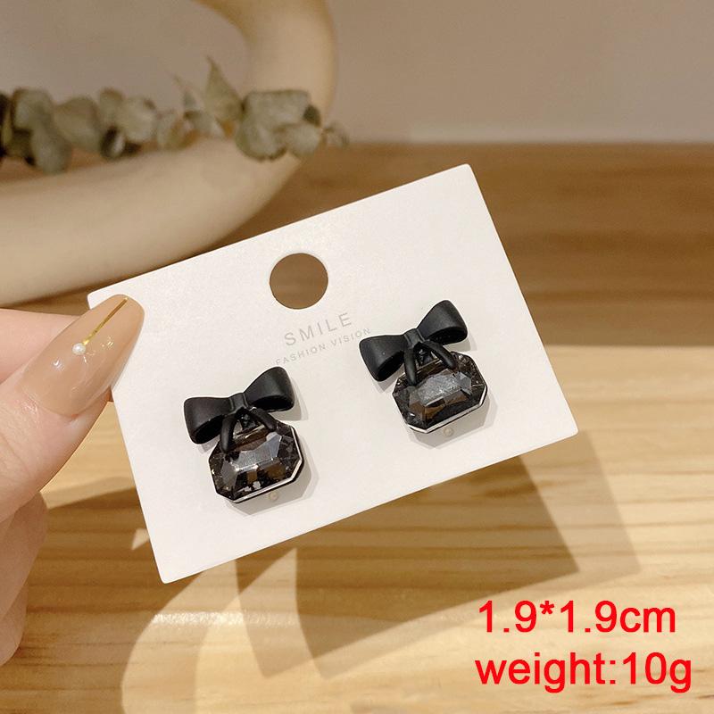 Black Dangle Earrings Crystal Square Pendants Women's Hanging Earrings Korean Bowknot Pearl Flower Earrings