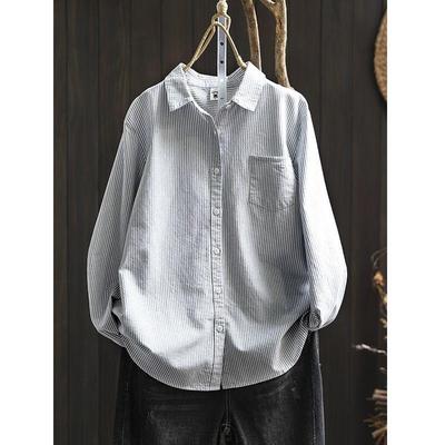 Camisa de Bolsillo de Rayas Verticales de Manga Larga para Mujer Holgada Casual y Versátil Top Básico