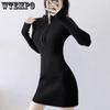 Semi-high-necked Spicy Girls' Zipper Wrapped Hip Short Dress Spring and Autumn Women's Dress Knitted Small Black Skirt Tight Dress