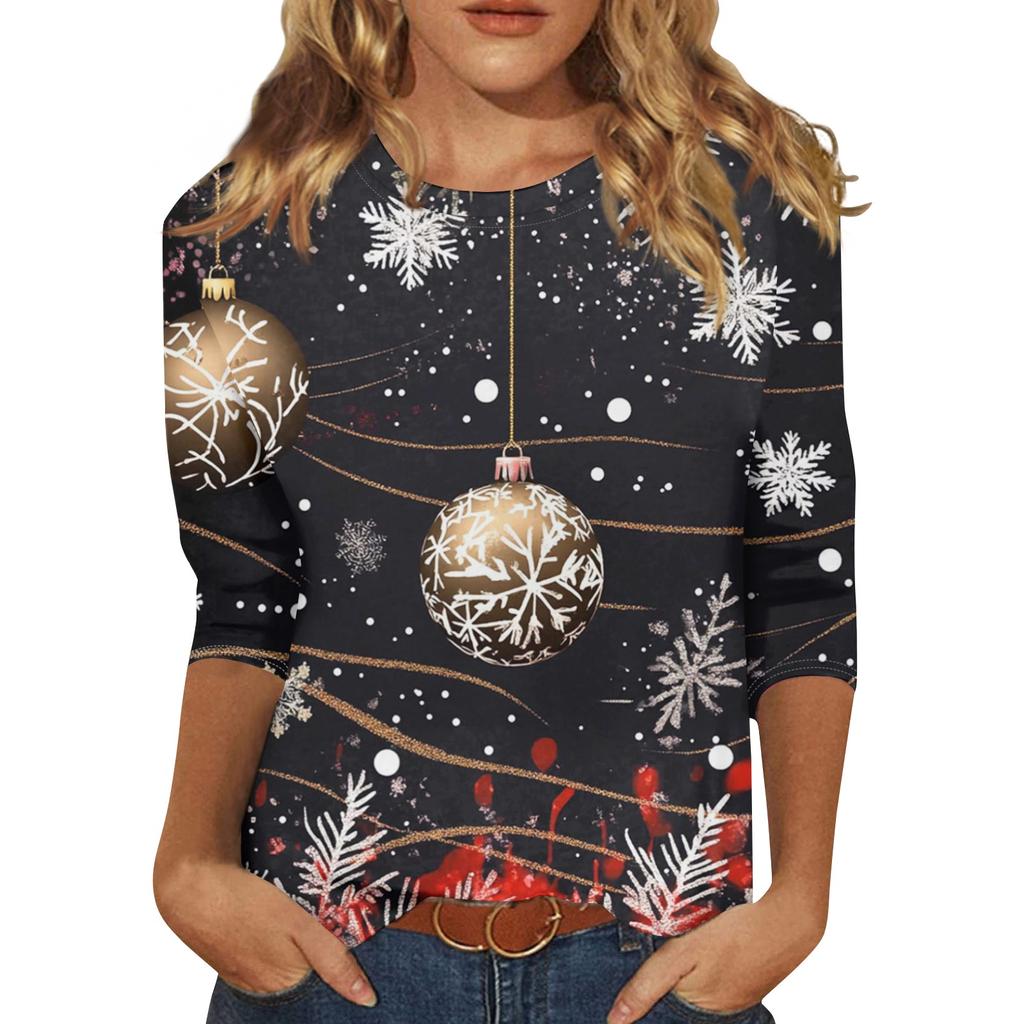Women's Fashion Casual Seven Sleeve Christmas Printed Round Neck T-Shirt Top