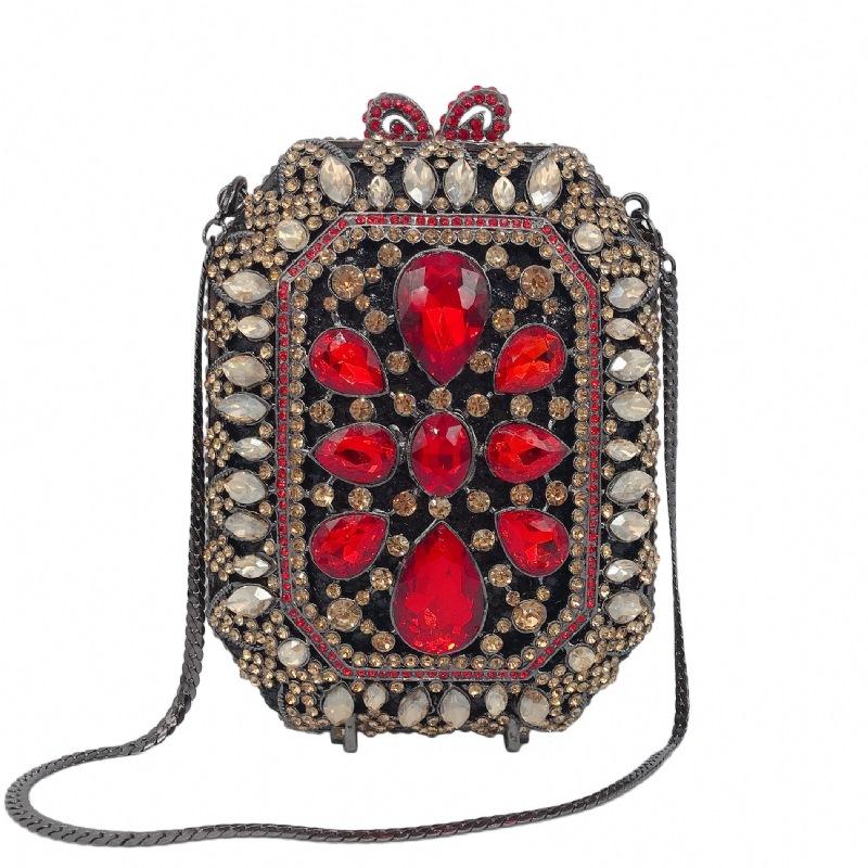 

Big Stone Evening Bag Red Wedding Purse Large Red Rhinestone Clutches Luxury Diamond Hollow Out Gold Metal Bag Women Handbags 14.5cmX11cmX6cm