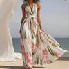 Europäische und amerikanische Außenhandels-Frühlings- und Sommer-Strand-Romantik-Urlaubsstil Damenbekleidung, bedruckter V-Ausschnitt rückenfrei taillebetont elegantes A-Linien-Kleid