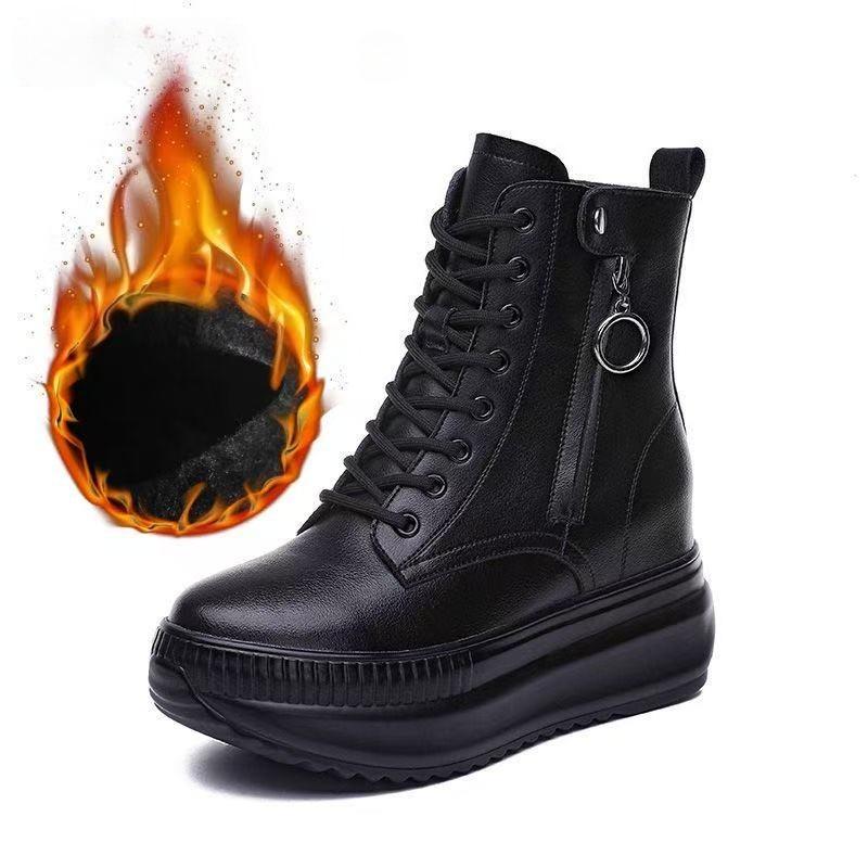 Fashion New 8cm Height Increasing Ankle Boots For Women Real Cowhide Chunky Platform Casual Short Boots Autumn Winter Warm Shoes Black
