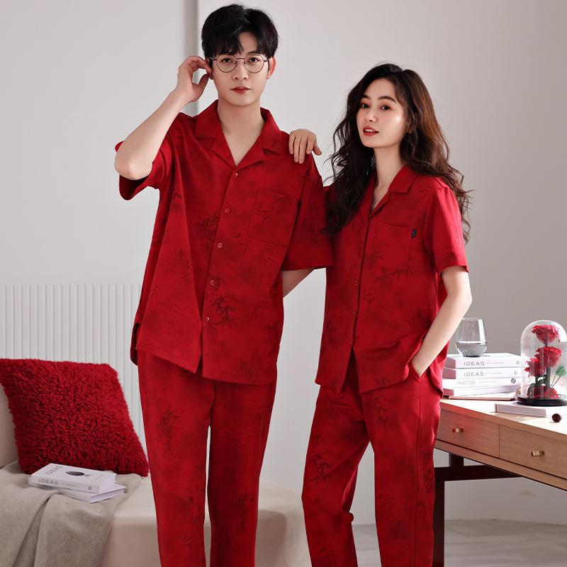 Couple pajamas summer new pure cotton red short-sleeved trousers women's wedding natal year men's cool thin loungewear