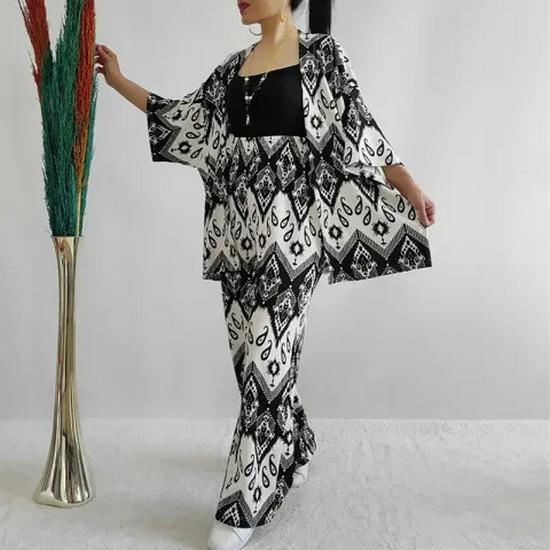 Temu 2024 Summer Women's Loose Plus Size Printed Set: Mid-Sleeve Shirt & Wide-Leg Pants