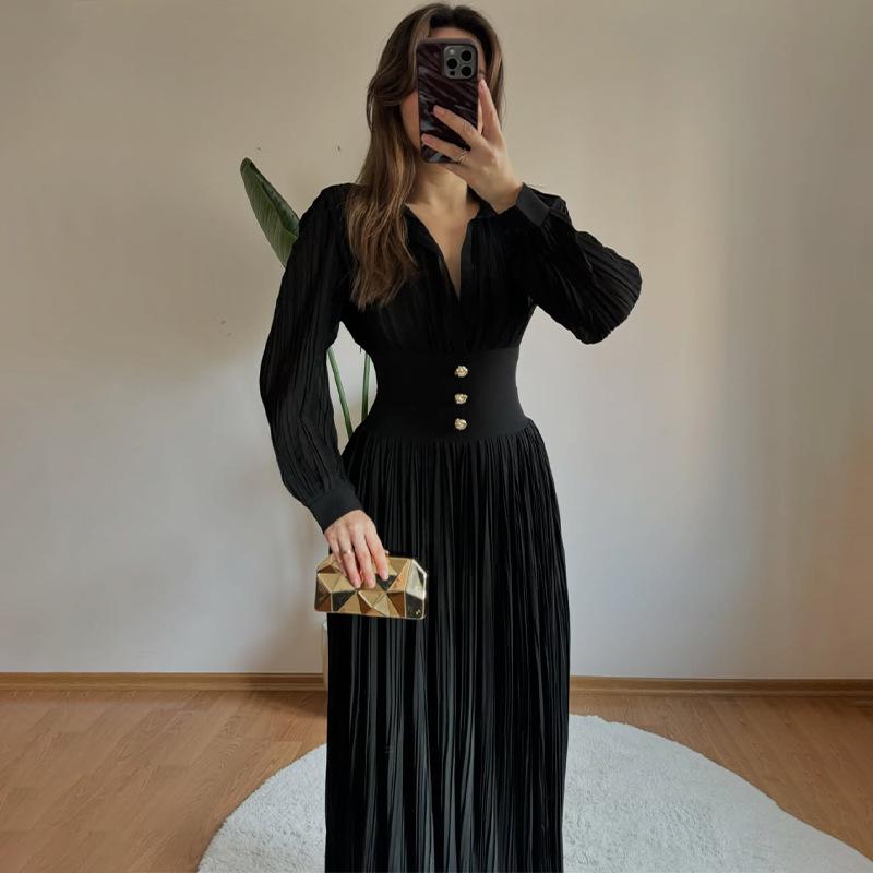 European Elegant Long-Sleeve Polo Collar Pleated Dress - Solid Color, New Style Fashion