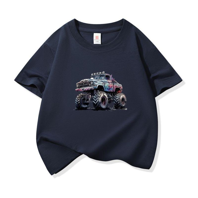 Kids Cotton T Shirt Cool Cartoon Offroad Vehicle Print Crew Neck Short Sleeve Tee Casual Boys Girls Summer Tops