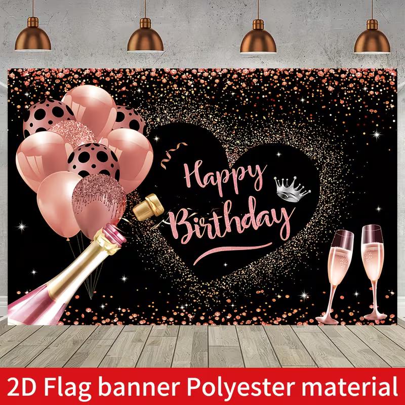 2D Black & Rose Gold Birthday Backdrop, Champagne Balloon Themed Photography Background