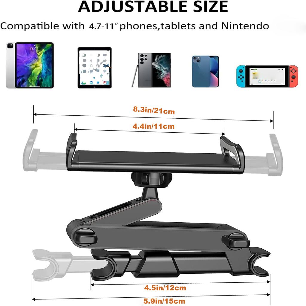 Universal Car Headrest Tablet & Phone Mount - 360° Swivel, Customizable Angles, Stretchable Gooseneck - Securely Holds IPad, IPh