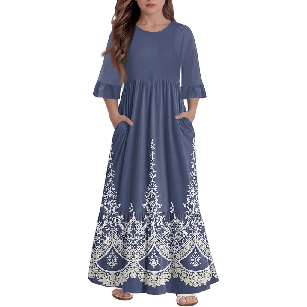 Girls' Tiered Ruffle Dress - 3/4 Sleeve Pocket Maxi With Pockets