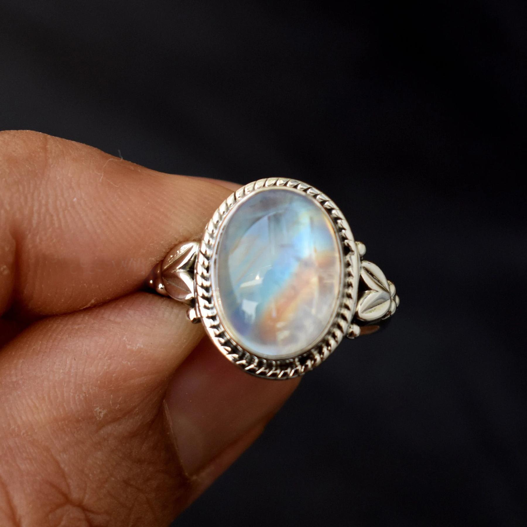 

Blue Fire Rainbow Moonstone 925 Sterling Silver Ring, Artisan Handmade Blue Gemstone Ring Jewelry 10