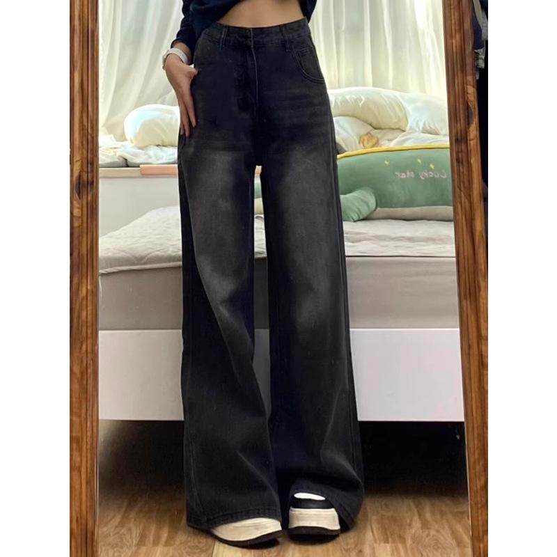 Women's Plus Size High Waist Black Wide Leg Jeans, American Style, Spring/Autumn 2024 Collection