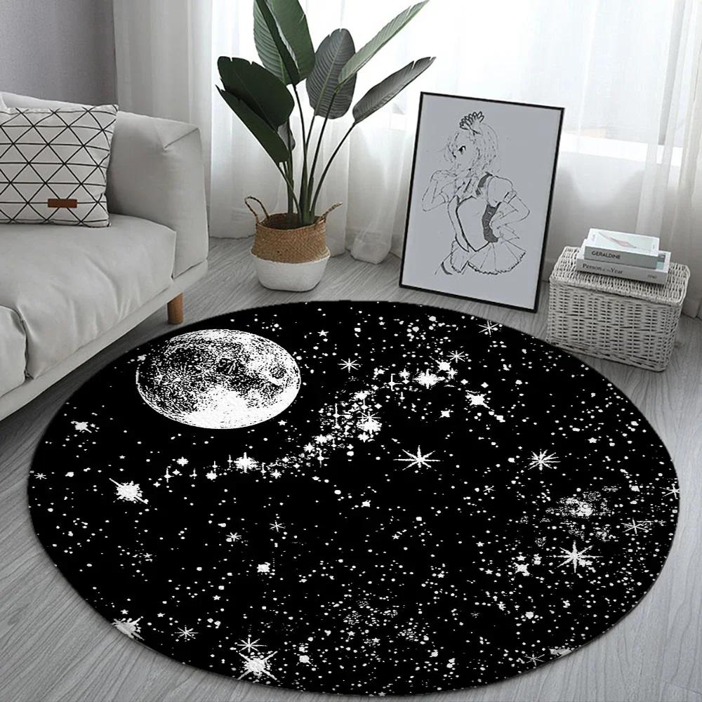Black Starry Sky Round Carpet Modern Living Room Bedroom Study Floor Mat Star and Moon Illustration Beautiful Room Floor Decor