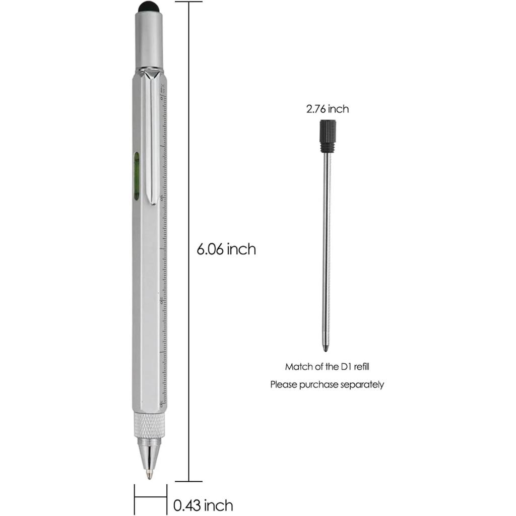 Gifts Multi Tech Tool Pen 6 In 1 Stylus Pen - Screwdriver Pen With Ruler, Levelgauge, Ballpoint Pen Black Ink (silver)