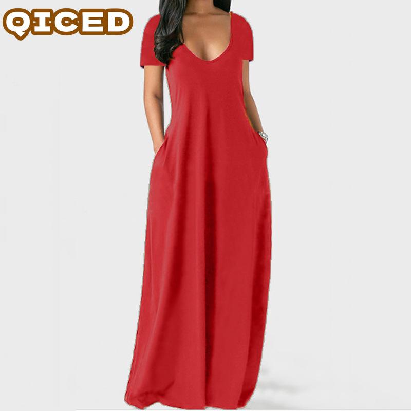 QICED Fashion Summer Spring Solid Color Print Short Sleeve U-Neck Casual Dresses Unique design