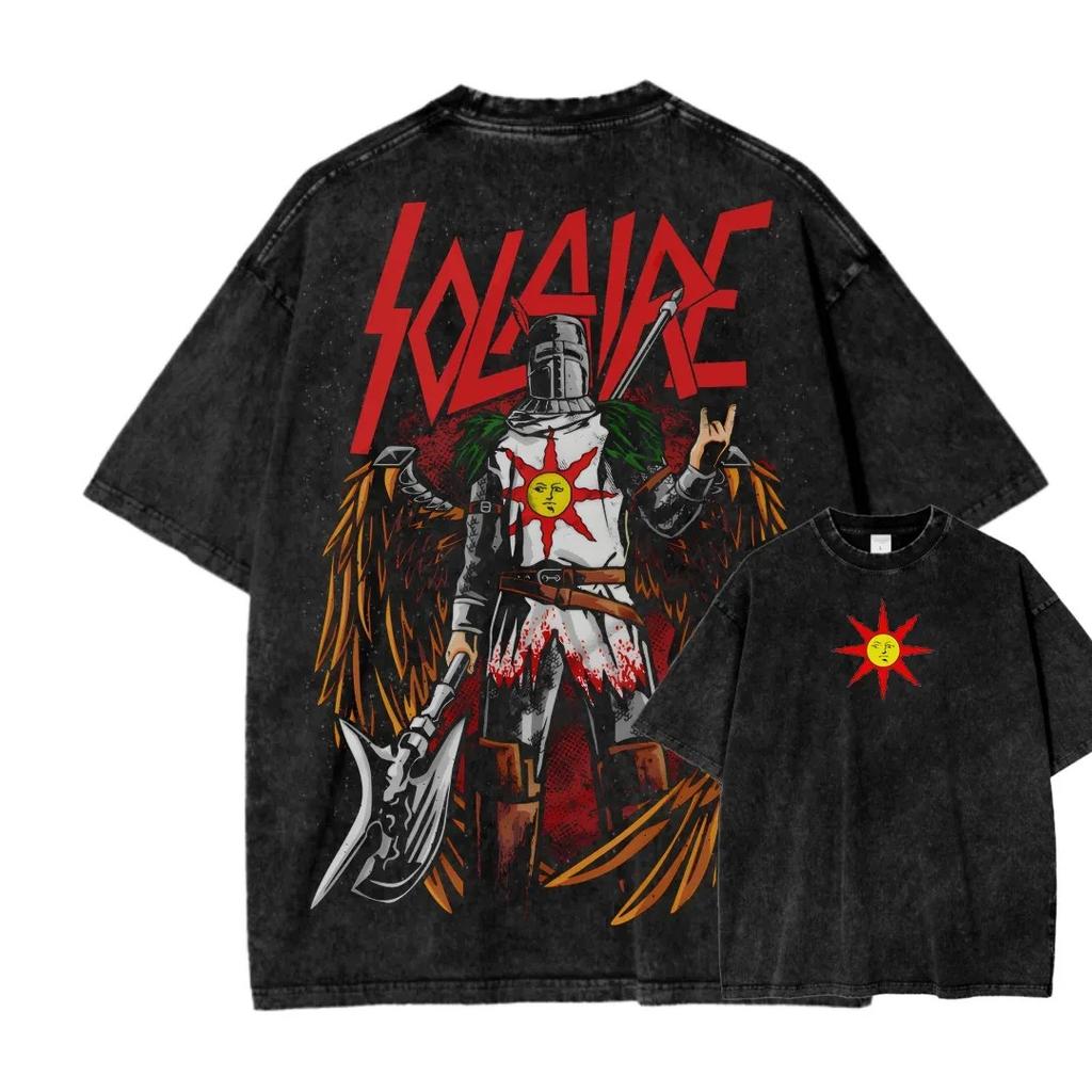 Classic Action Role-playing Game Blood Borne Peripherals Print T-shirt Men Women Fashion Retro Washed Cotton Casual Oversize Top