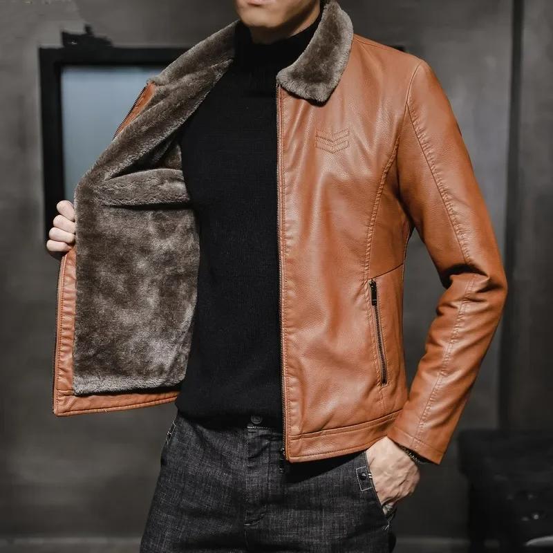 Winter Faux Fur Collar Windproof Warm Coat Men's Luxury Clothing Vintage Brown Leather Jacket Men's Brand Leather Jackets Men