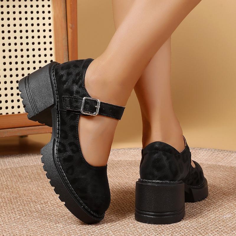 Leopard Women High Heels Shoes New Chunky Party Shoes 2025 Summer Marie Janes Lolita Buckle Woman Brand Pumps Zapatos